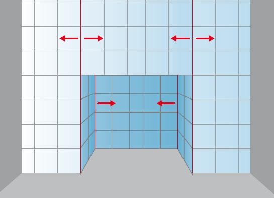 Pour les niches et les parties saillantes, commencer à carreler l’extérieur (rangée de découpes au milieu) ou bien d’abord l’intérieur (rangée de découpes des deux côtés)