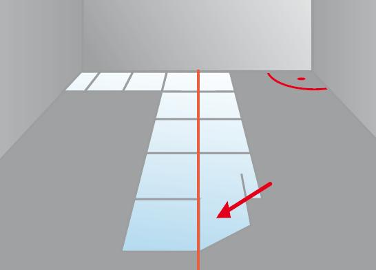 Dans des pièces rectangulaires, tracer une ligne médiane sur le sol, parallèle aux murs latéraux, et placer la première rangée de carreaux en suivant cette ligne. Commencer le long de celle-ci par un joint ou le milieu du carreau. Poser les carreaux suivants le long du mur