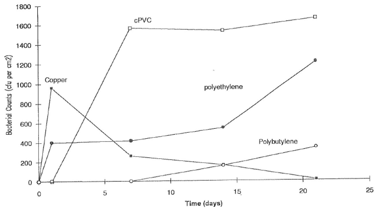 Exemple de cinétique de colonisation du nombre total de bactéries cultivables sur différents matériaux (cuivre, cPVC, polybutylène et polyéthylène) dans l’eau douce à 60°C