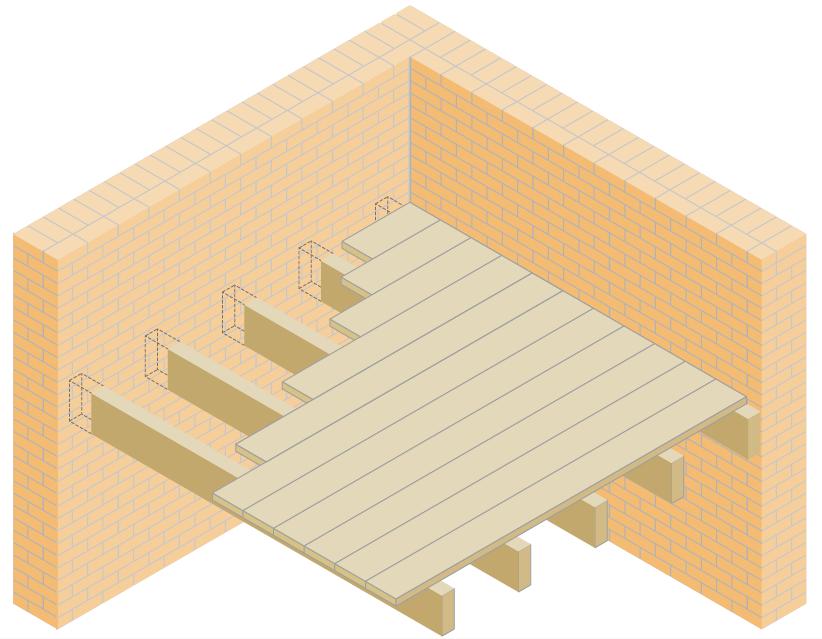 Vue d’ensemble des encastrements d’un plancher en bois dans un mur en brique avant la réalisation d’un système d’isolation par l’intérieur